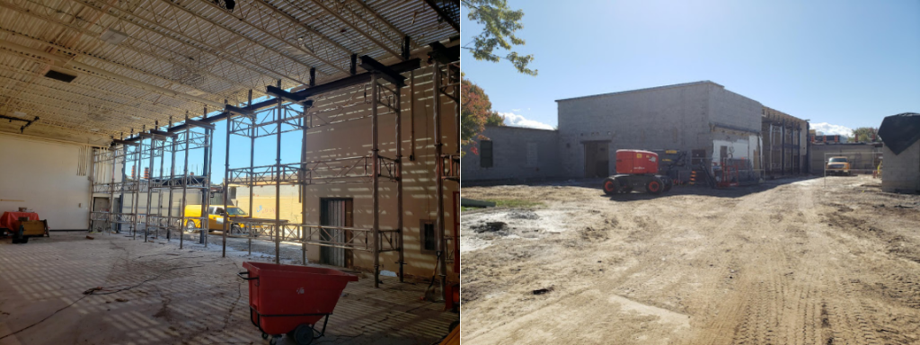 Demolition of old sections of the school to make way for a new atrium entrance and enlarged gym at the front of the school is now 90 percent complete. Structural shoring of the new gym is also underway. 