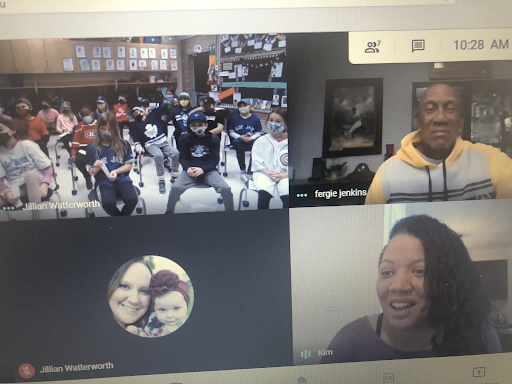 In the photo, Fergie Jenkins and his daughter Kim with Jillian Watterworth’s Grade 3-4 class at Georges P. Vanier Catholic School, during a virtual meeting.