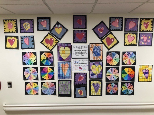 In the photo, artwork and messages of love from Grade 2/3 students at Georges P. Vanier Catholic School is displayed in the Ambulatory Care hallway at the Chatham-Kent Health Alliance.