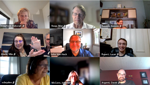 In the photo, the Board expresses its appreciation to the Student Trustees during the May 25, 2021, Virtual Board Meeting. (Top Row L-R) Deb Crawford, Director of Education; Mat Roop, Vice-Chair of the Board; Trustee Brenda Rumble; (Middle Row L-R) Mia Abate, Student Trustee, St. Patrick’s Catholic High School; John Van Heck, Chair of the Board; Lucas Rupert, Student Trustee, Ursuline College Chatham; (Bottom Row L-R) Trustee Carol Bryden; Trustee Jennifer McCann and Trustee David Argenti