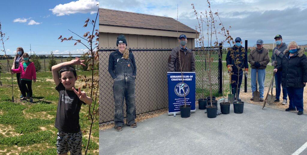 In the photos, students, staff and members of the Kiwanis Club of Chatham-Kent plant seven red maple trees recently at St. Angela Merici Catholic School, Chatham.