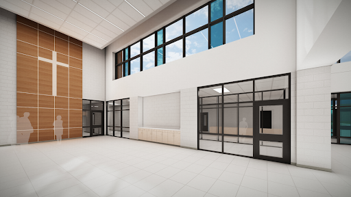 Artist renderings of interior views of the community room at the new Gregory A. Hogan Catholic School, Sarnia