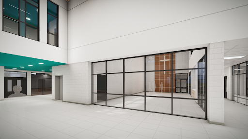 Artist renderings of interior views of the community room at the new Gregory A. Hogan Catholic School, Sarnia