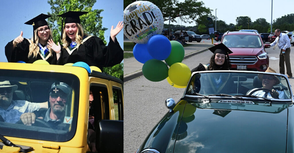 Graduates take part in drive-up parade.