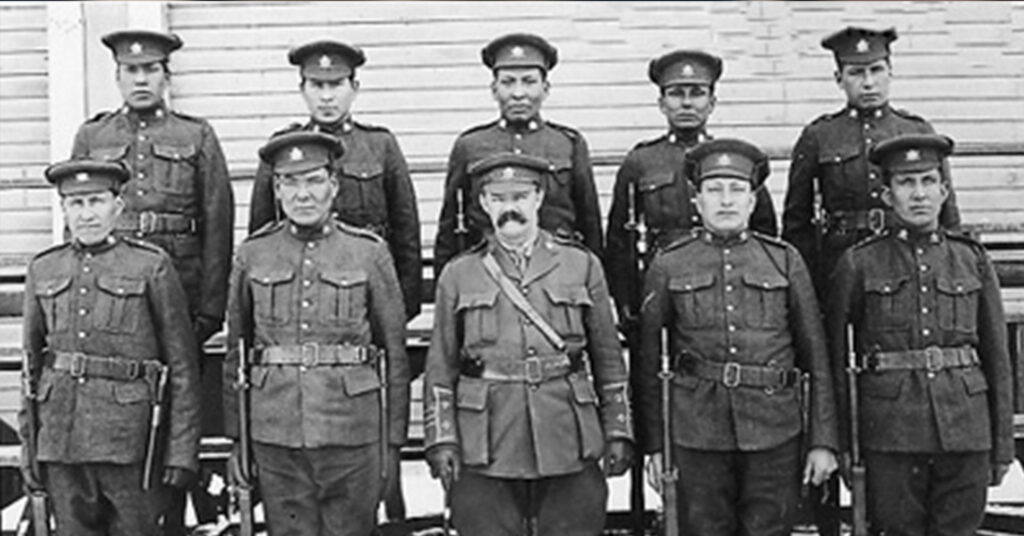Blood Tribe recruits, 191st Battalion, Canadian Expeditionary Force, Fort Macleod, Alberta. (Photo and caption: Glenbow Archives, NA-2164-1).