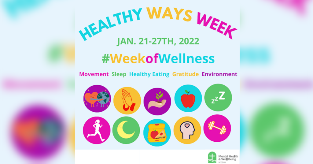 Healthy Ways Week Jan. 21-27th, 2022. #WeekofWellness. Movement, Sleep, Healthy Eating, Gratitude, Environment