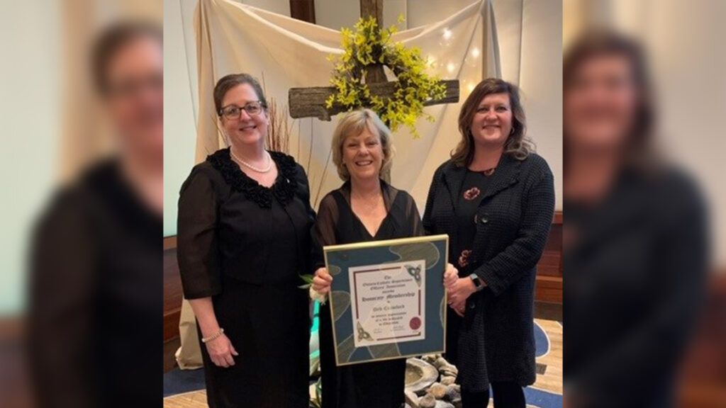 Attending the OCSOA Annual General Meeting in Toronto are (L-R) Laura Callaghan, OCSOA President for 2022-2023; former Director of Education Deb Crawford; and Lisa Demers, Superintendent of Education.