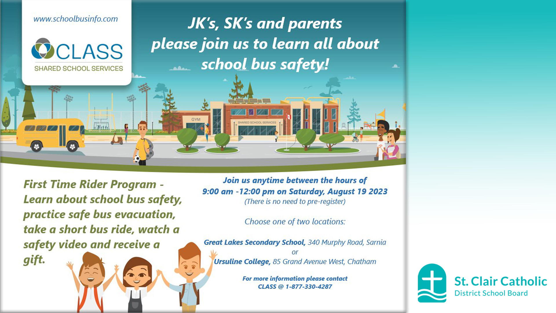 Chatham-Kent Lambton Administrative School Services (CLASS) together with local school bus operators are hosting the annual “FIRST TIME RIDER” Orientation Day