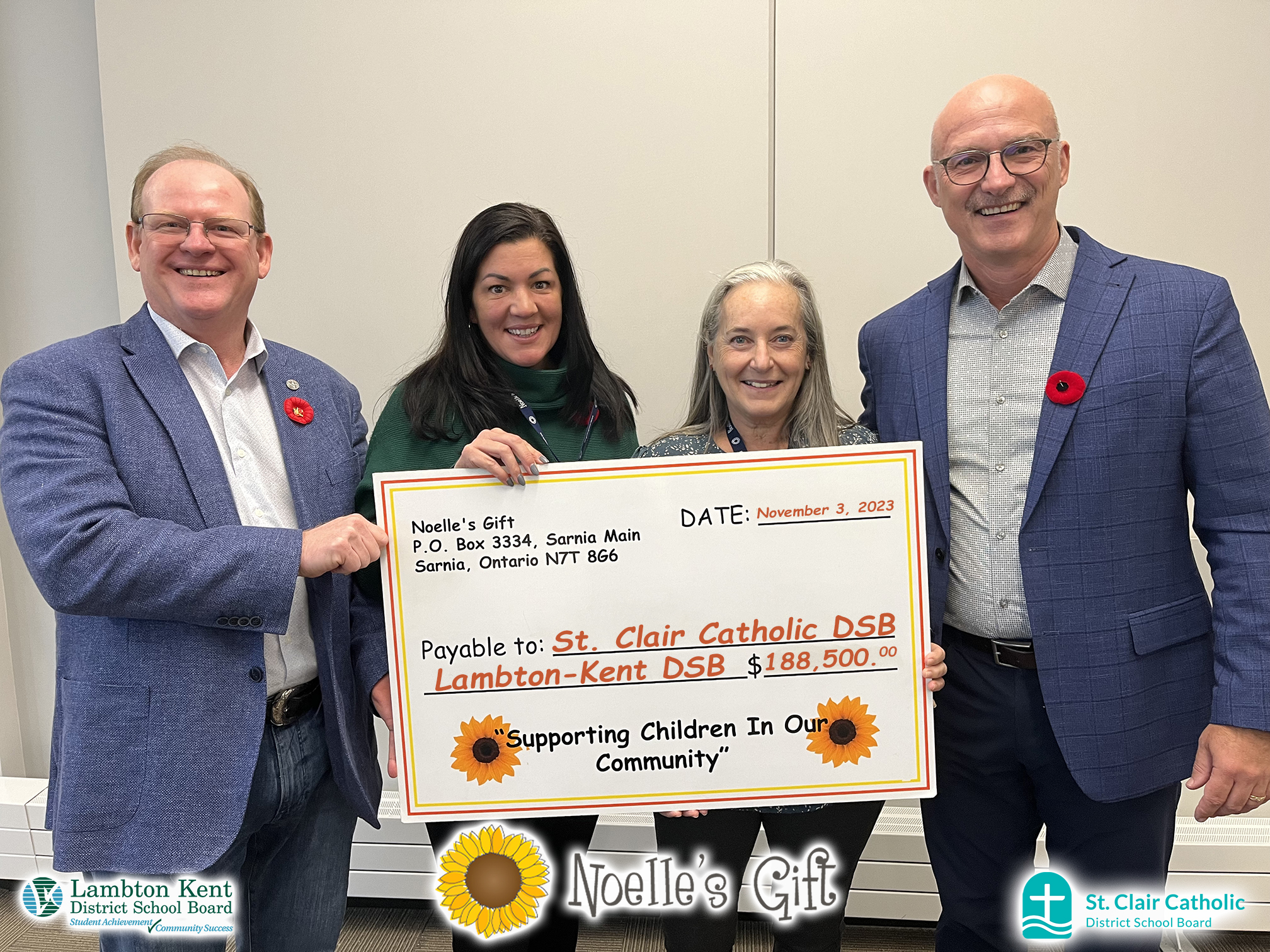 St. Clair Catholic and Lambton Kent District School Boards Share $188,500 in Donations from Noelle’s Gift to Children