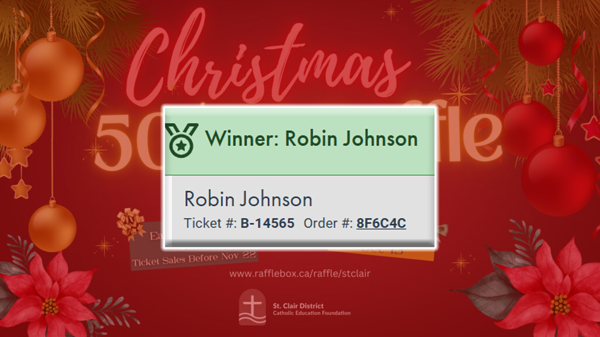 Congratulations to Robin Johnson of Sarnia, Winner of the Christmas 50/50 Raffle